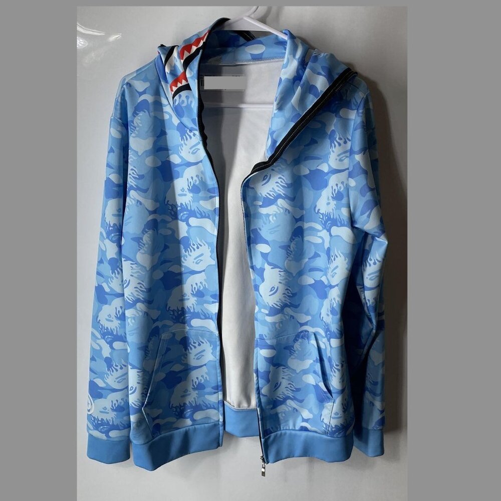 WGM Bape-inspired Mens Blue Camo Shark Full-Zip Hoodie, Size Small